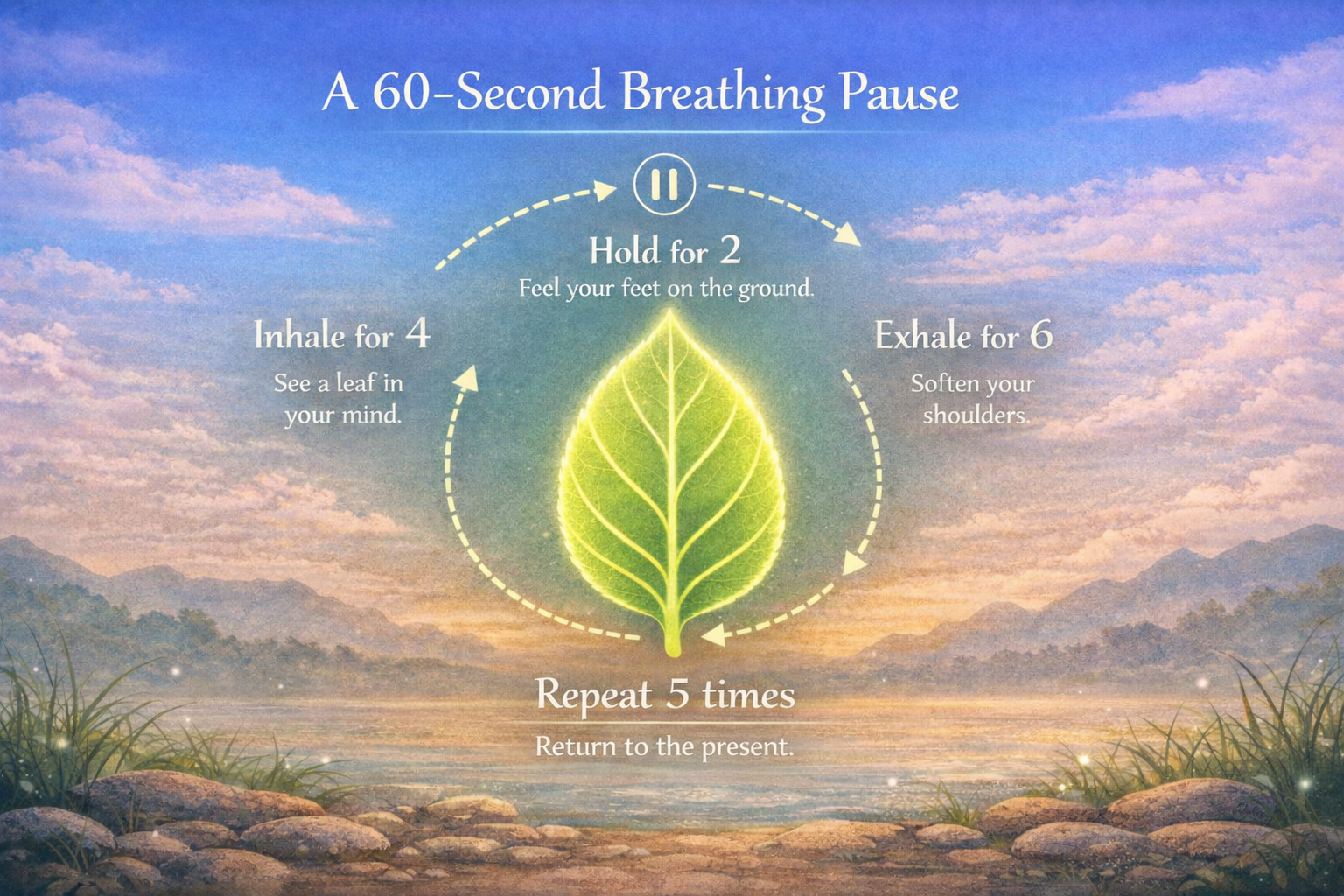 Gentle 60-second breathing pause visual guide